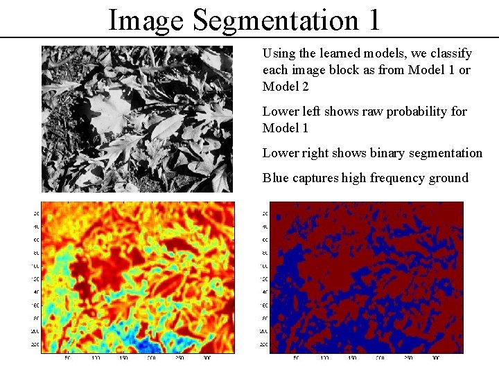 Image Segmentation 1 Using the learned models, we classify each image block as from