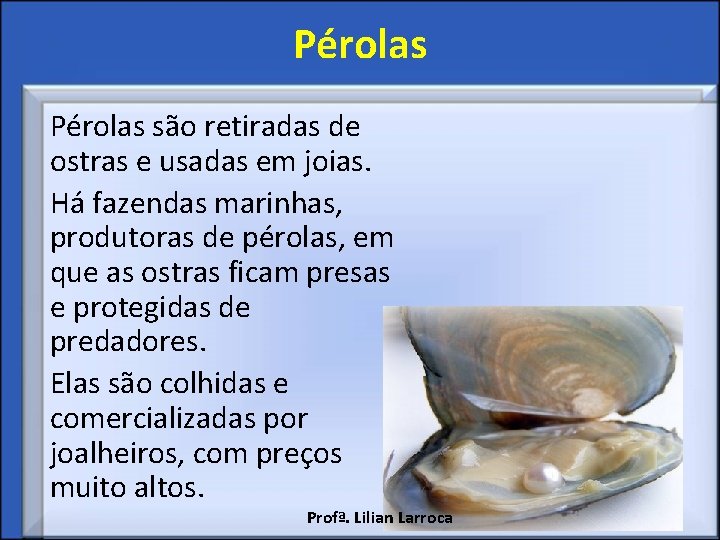 Pérolas são retiradas de ostras e usadas em joias. Há fazendas marinhas, produtoras de