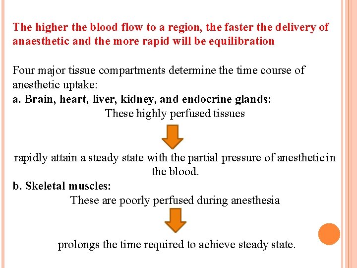 The higher the blood flow to a region, the faster the delivery of anaesthetic