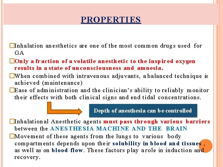 PROPERTIES �Inhalation anesthetics are one of the most common drugs used for GA �Only