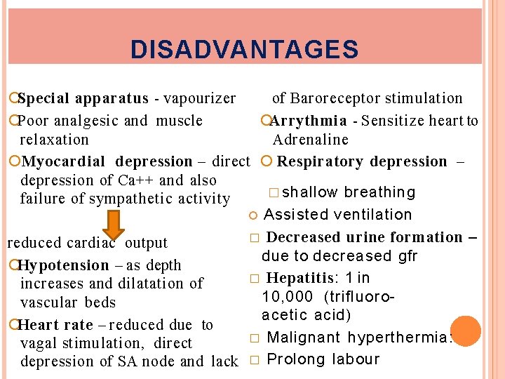 DISADVANTAGES Special apparatus - vapourizer of Baroreceptor stimulation Arrythmia - Sensitize heart to Poor