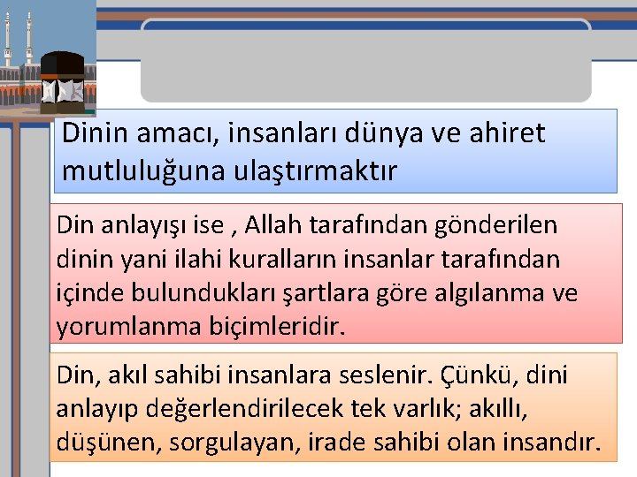 Dinin amacı, insanları dünya ve ahiret mutluluğuna ulaştırmaktır Din anlayışı ise , Allah tarafından Dinin amacı, insanları dünya ve ahiret mutluluğuna ulaştırmaktır Din anlayışı ise , Allah tarafından