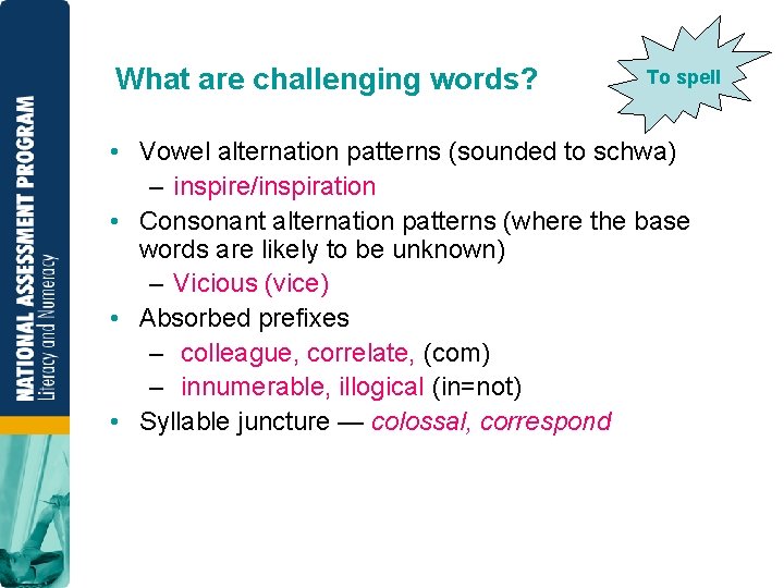 What are challenging words? To spell • Vowel alternation patterns (sounded to schwa) –