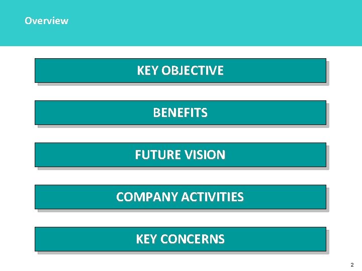 Overview KEY OBJECTIVE BENEFITS FUTURE VISION COMPANY ACTIVITIES KEY CONCERNS 2 