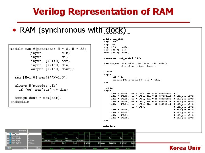 Verilog Representation of RAM • RAM (synchronous with clock) `timescale 1 ns / 1