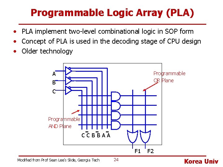 Programmable Logic Array (PLA) • PLA implement two-level combinational logic in SOP form •