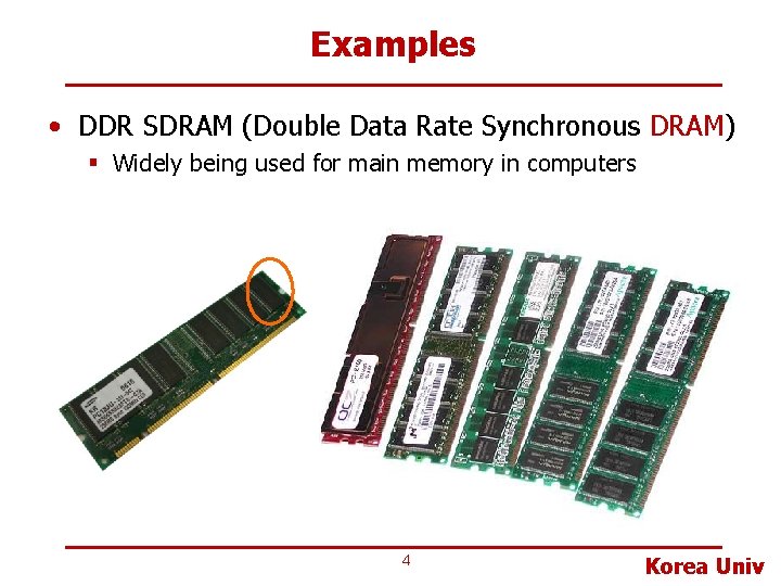 Examples • DDR SDRAM (Double Data Rate Synchronous DRAM) § Widely being used for