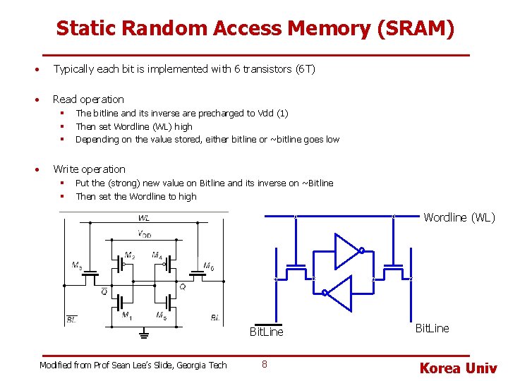 Static Random Access Memory (SRAM) • Typically each bit is implemented with 6 transistors