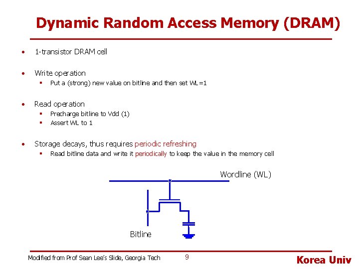 Dynamic Random Access Memory (DRAM) • 1 -transistor DRAM cell • Write operation §