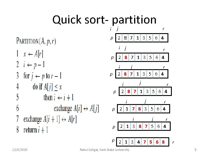 Quick sort- partition i j r p 2 8 7 1 3 5 6