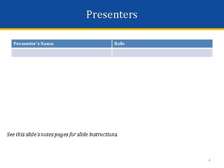 Presenters Presenter’s Name Role See this slide’s notes pages for slide instructions. 4 