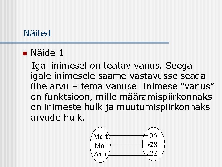 Näited n Näide 1 Igal inimesel on teatav vanus. Seega igale inimesele saame vastavusse Näited n Näide 1 Igal inimesel on teatav vanus. Seega igale inimesele saame vastavusse