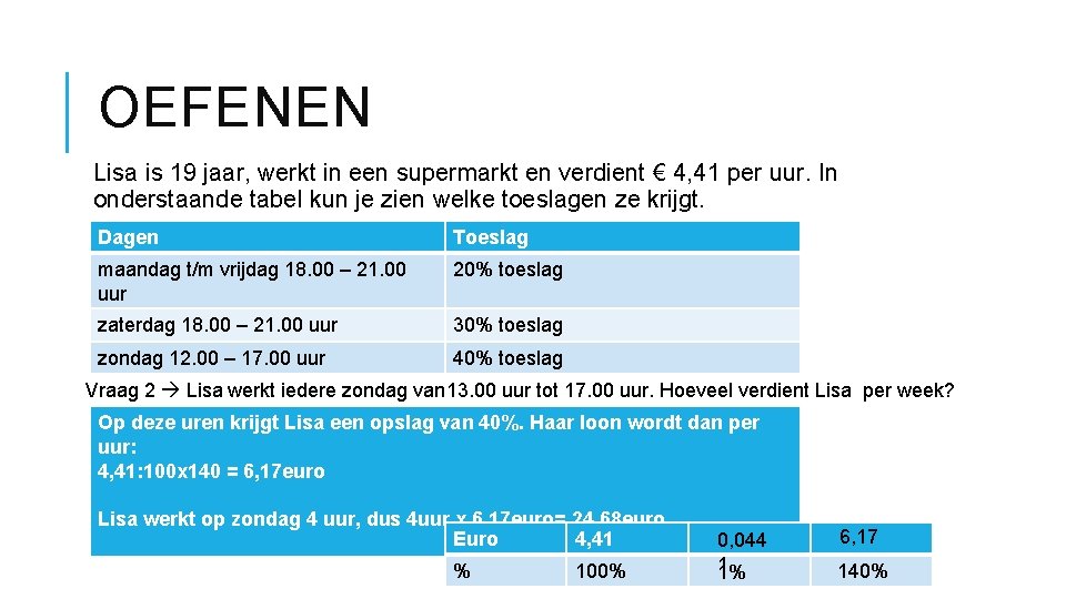 OEFENEN Lisa is 19 jaar, werkt in een supermarkt en verdient € 4, 41 OEFENEN Lisa is 19 jaar, werkt in een supermarkt en verdient € 4, 41
