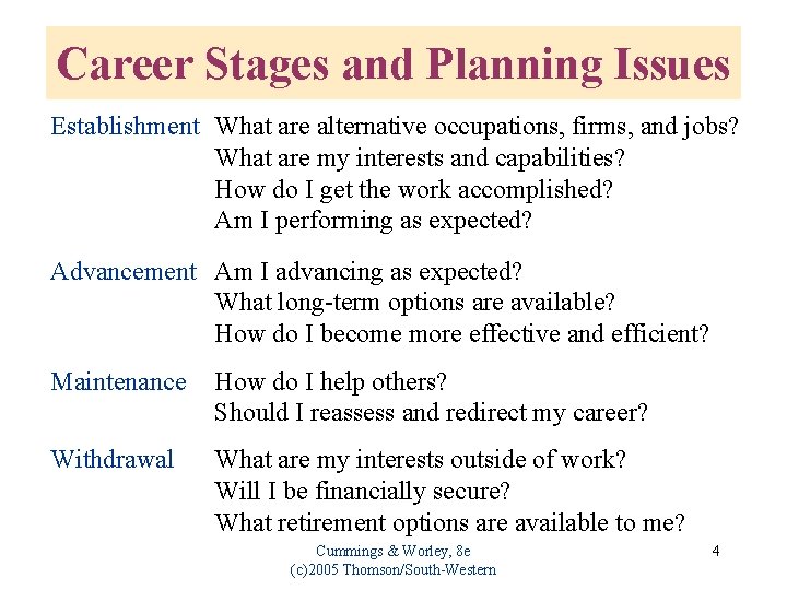 Career Stages and Planning Issues Establishment What are alternative occupations, firms, and jobs? What