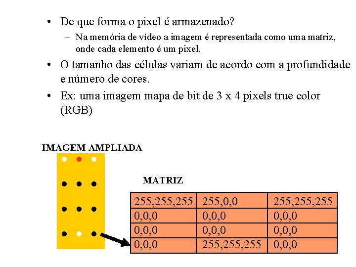  • De que forma o pixel é armazenado? – Na memória de vídeo