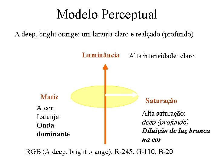 Modelo Perceptual A deep, bright orange: um laranja claro e realçado (profundo) Luminância Matiz