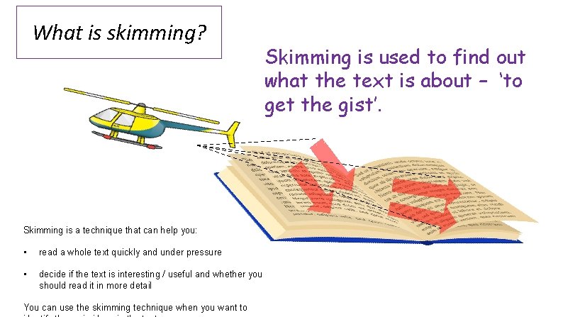 What is skimming? Skimming is used to find out what the text is about