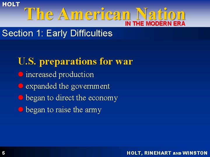 HOLT The American Nation IN THE MODERN ERA Section 1: Early Difficulties U. S.