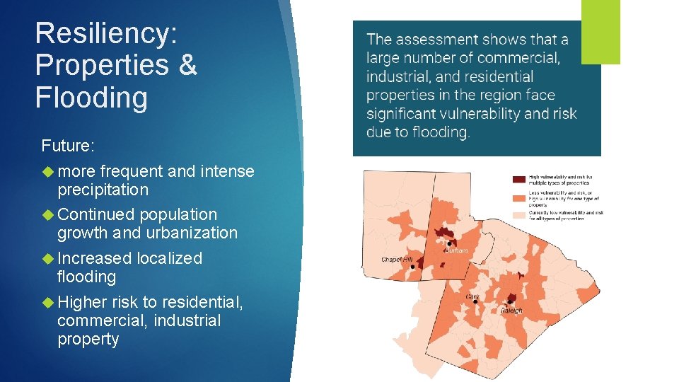 Resiliency: Properties & Flooding Future: more frequent and intense precipitation Continued population growth and