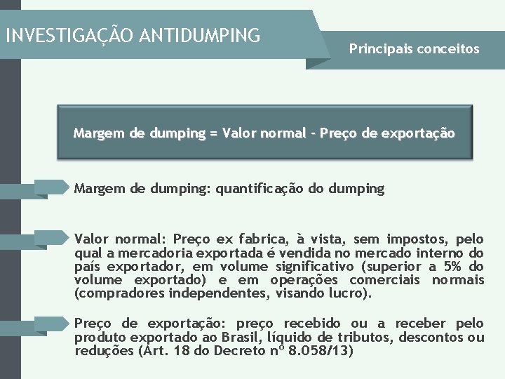 INVESTIGAÇÃO ANTIDUMPING Principais conceitos Margem de dumping = Valor normal - Preço de exportação INVESTIGAÇÃO ANTIDUMPING Principais conceitos Margem de dumping = Valor normal - Preço de exportação