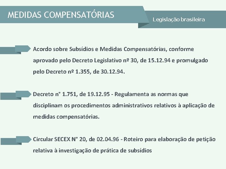MEDIDAS COMPENSATÓRIAS Legislação brasileira Acordo sobre Subsídios e Medidas Compensatórias, conforme aprovado pelo Decreto MEDIDAS COMPENSATÓRIAS Legislação brasileira Acordo sobre Subsídios e Medidas Compensatórias, conforme aprovado pelo Decreto