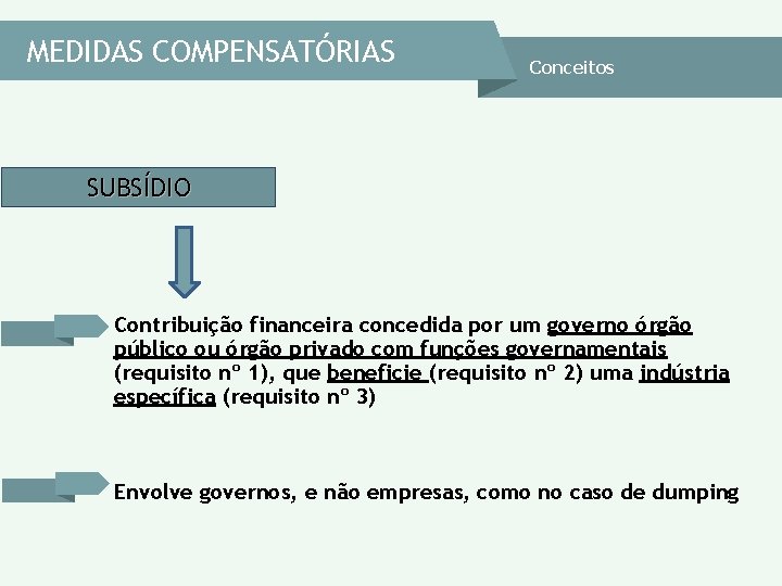 MEDIDAS COMPENSATÓRIAS Conceitos SUBSÍDIO Contribuição financeira concedida por um governo órgão público ou órgão MEDIDAS COMPENSATÓRIAS Conceitos SUBSÍDIO Contribuição financeira concedida por um governo órgão público ou órgão