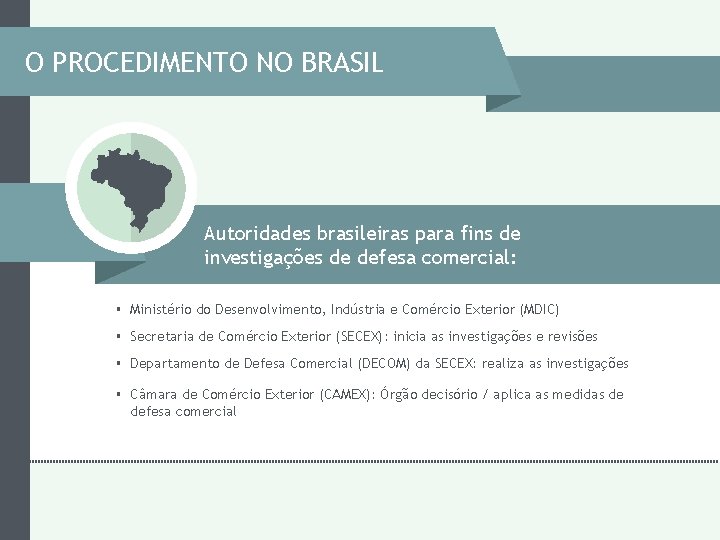 O PROCEDIMENTO NO BRASIL Autoridades brasileiras para fins de investigações de defesa comercial: § O PROCEDIMENTO NO BRASIL Autoridades brasileiras para fins de investigações de defesa comercial: §