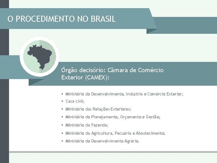 O PROCEDIMENTO NO BRASIL Órgão decisório: Câmara de Comércio Exterior (CAMEX): § Ministério do O PROCEDIMENTO NO BRASIL Órgão decisório: Câmara de Comércio Exterior (CAMEX): § Ministério do