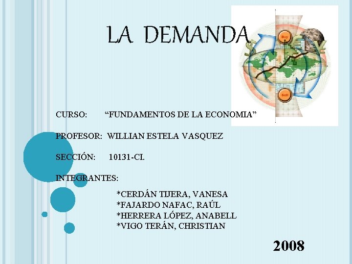 LA DEMANDA CURSO: “FUNDAMENTOS DE LA ECONOMIA” PROFESOR: WILLIAN ESTELA VASQUEZ SECCIÓN: 10131 -CI.