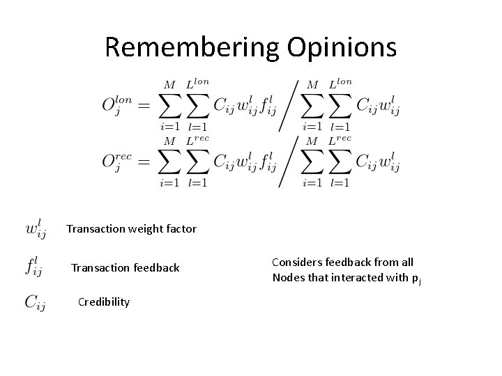 Remembering Opinions Transaction weight factor Transaction feedback Credibility Considers feedback from all Nodes that Remembering Opinions Transaction weight factor Transaction feedback Credibility Considers feedback from all Nodes that