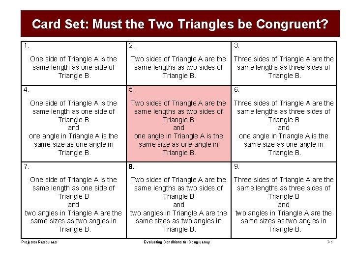 Card Set: Must the Two Triangles be Congruent? 1. 2. One side of Triangle Card Set: Must the Two Triangles be Congruent? 1. 2. One side of Triangle