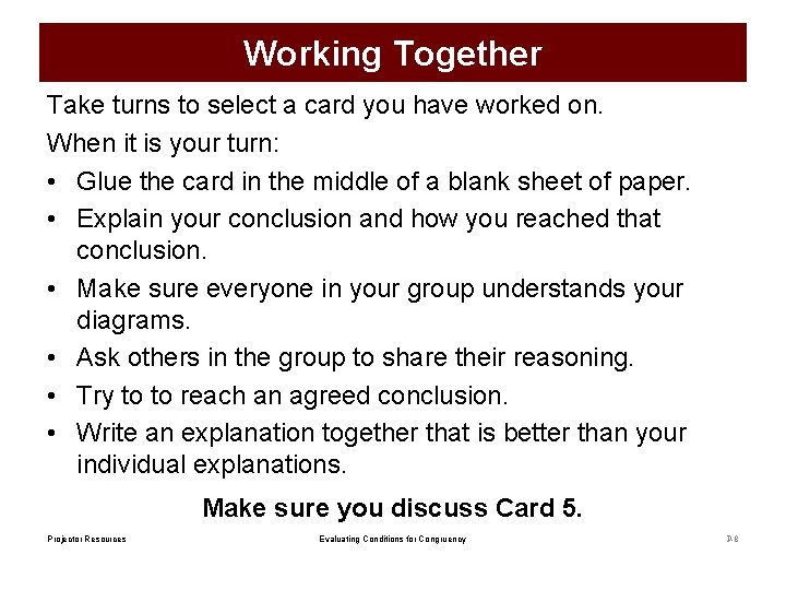 Working Together Take turns to select a card you have worked on. When it Working Together Take turns to select a card you have worked on. When it