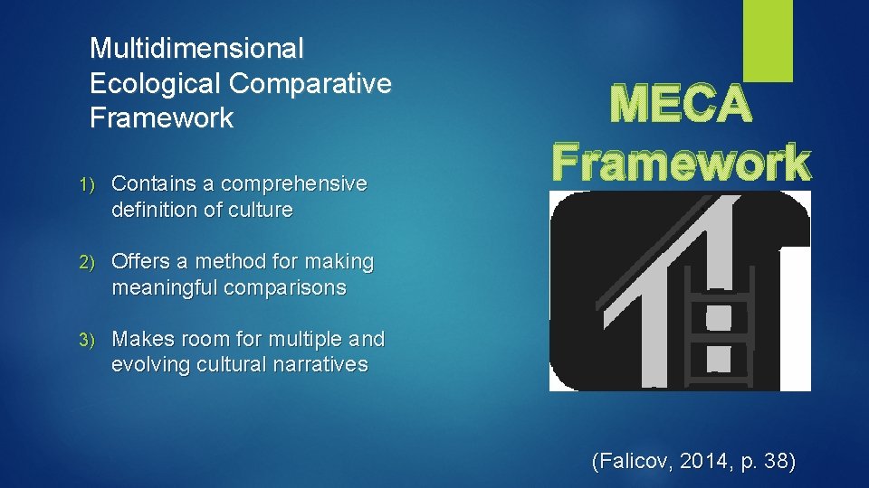Multidimensional Ecological Comparative Framework 1) Contains a comprehensive definition of culture 2) Offers a