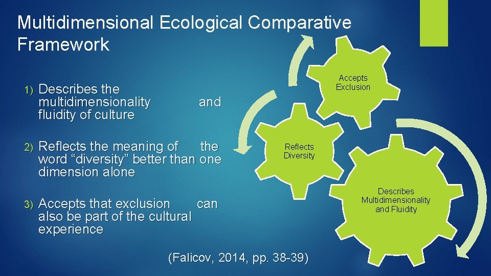 Multidimensional Ecological Comparative Framework Accepts Exclusion 1) Describes the multidimensionality fluidity of culture 2)