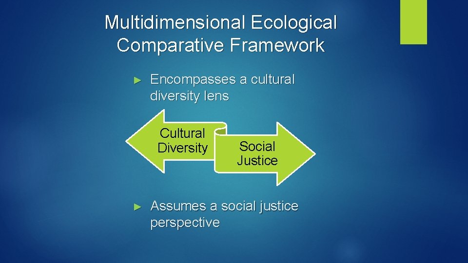 Multidimensional Ecological Comparative Framework ► Encompasses a cultural diversity lens Cultural Diversity ► Social