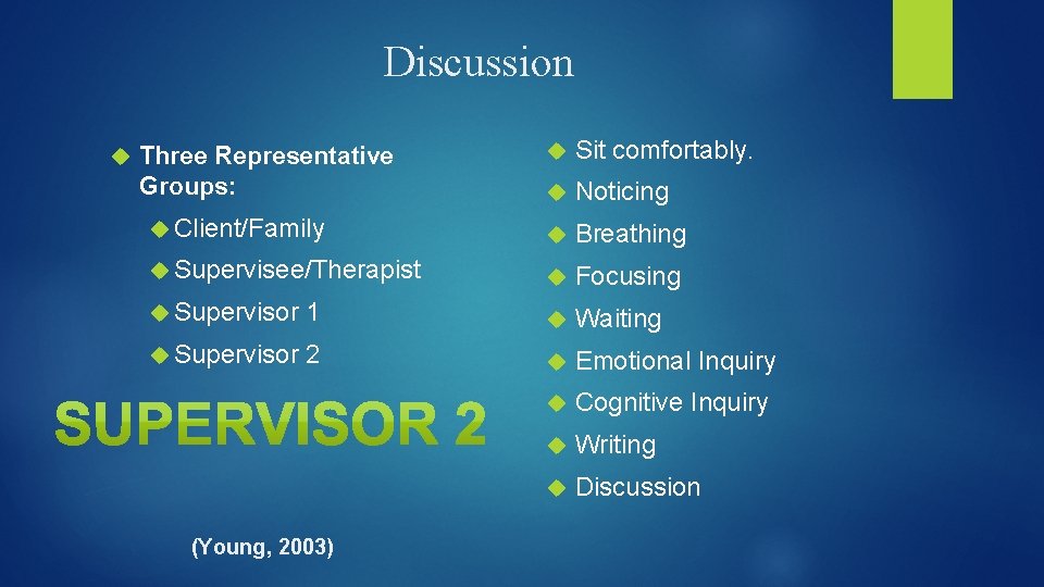 Discussion Sit comfortably. Noticing Client/Family Breathing Supervisee/Therapist Focusing Supervisor 1 Waiting Supervisor 2 Emotional