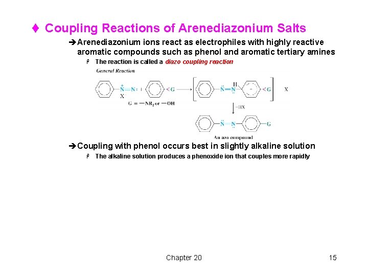 t Coupling Reactions of Arenediazonium Salts èArenediazonium ions react as electrophiles with highly reactive