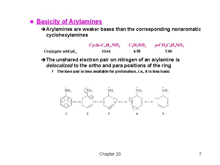 l Basicity of Arylamines èArylamines are weaker bases than the corresponding nonaromatic cyclohexylamines èThe
