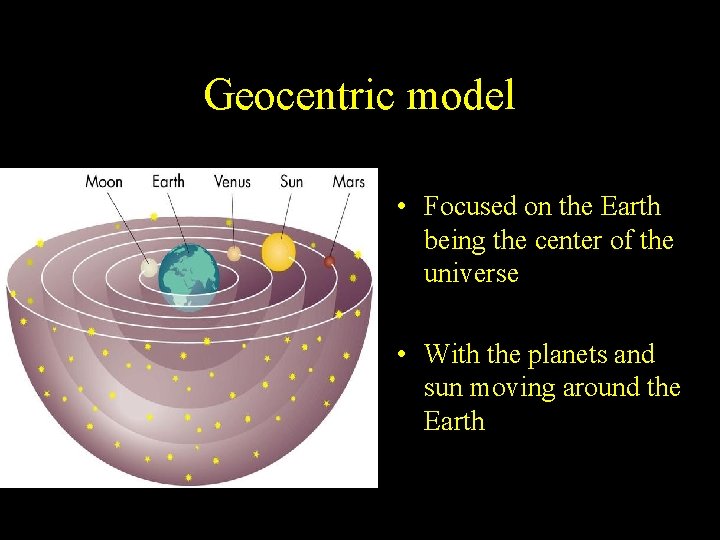 Geocentric model • Focused on the Earth being the center of the universe • Geocentric model • Focused on the Earth being the center of the universe •