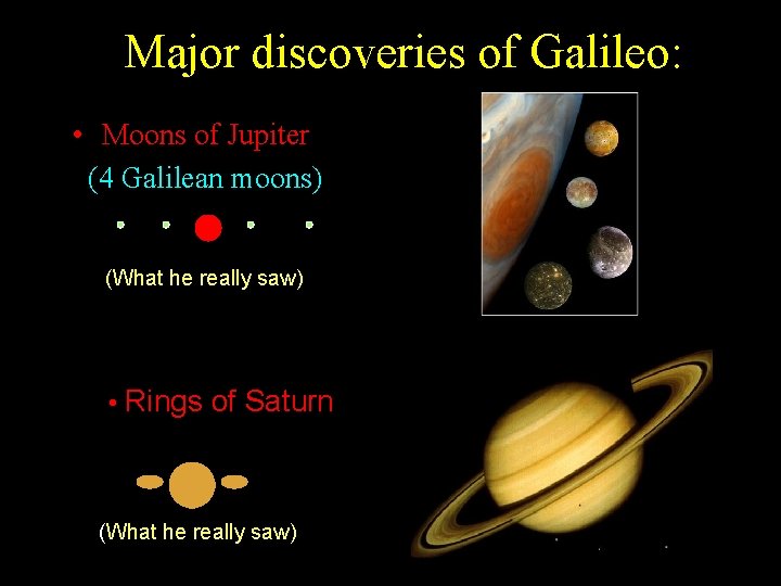 Major discoveries of Galileo: • Moons of Jupiter (4 Galilean moons) (What he really Major discoveries of Galileo: • Moons of Jupiter (4 Galilean moons) (What he really