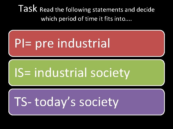 Task Read the following statements and decide which period of time it fits into.