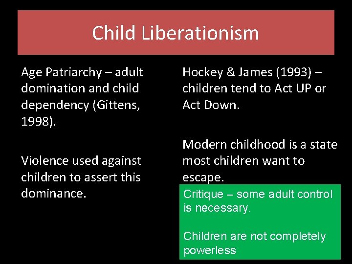 Child Liberationism Age Patriarchy – adult domination and child dependency (Gittens, 1998). Violence used