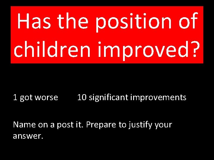 Has the position of children improved? 1 got worse 10 significant improvements Name on
