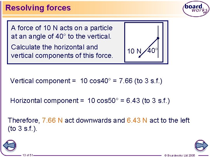 Resolving forces A force of 10 N acts on a particle at an angle