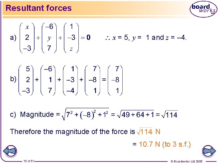 Resultant forces x = 5, y = 1 and z = – 4. a)