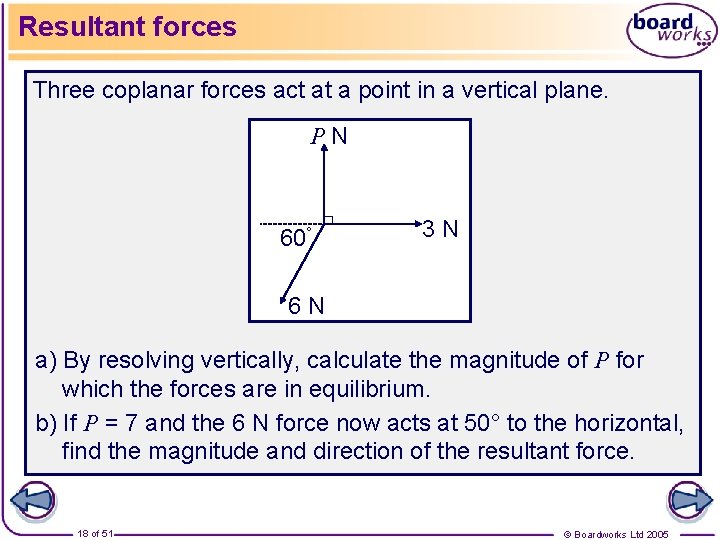 Resultant forces Three coplanar forces act at a point in a vertical plane. PN