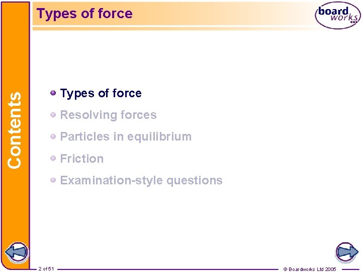 Types of force Contents Types of force Resolving forces Particles in equilibrium Friction Examination-style