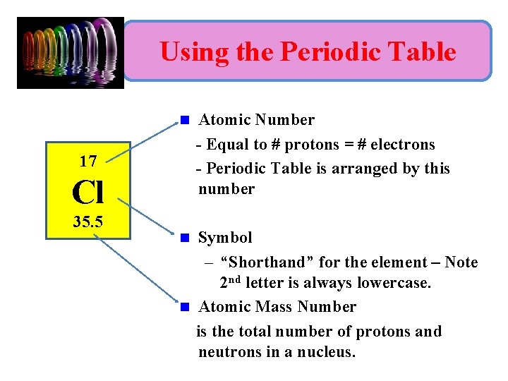 Using the Periodic Table n 17 Cl 35. 5 Atomic Number - Equal to