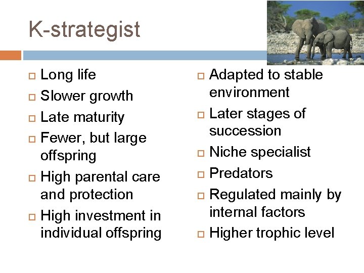 K-strategist Long life Slower growth Late maturity Fewer, but large offspring High parental care
