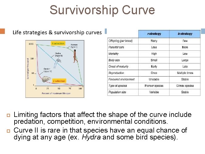 Survivorship Curve Limiting factors that affect the shape of the curve include predation, competition,